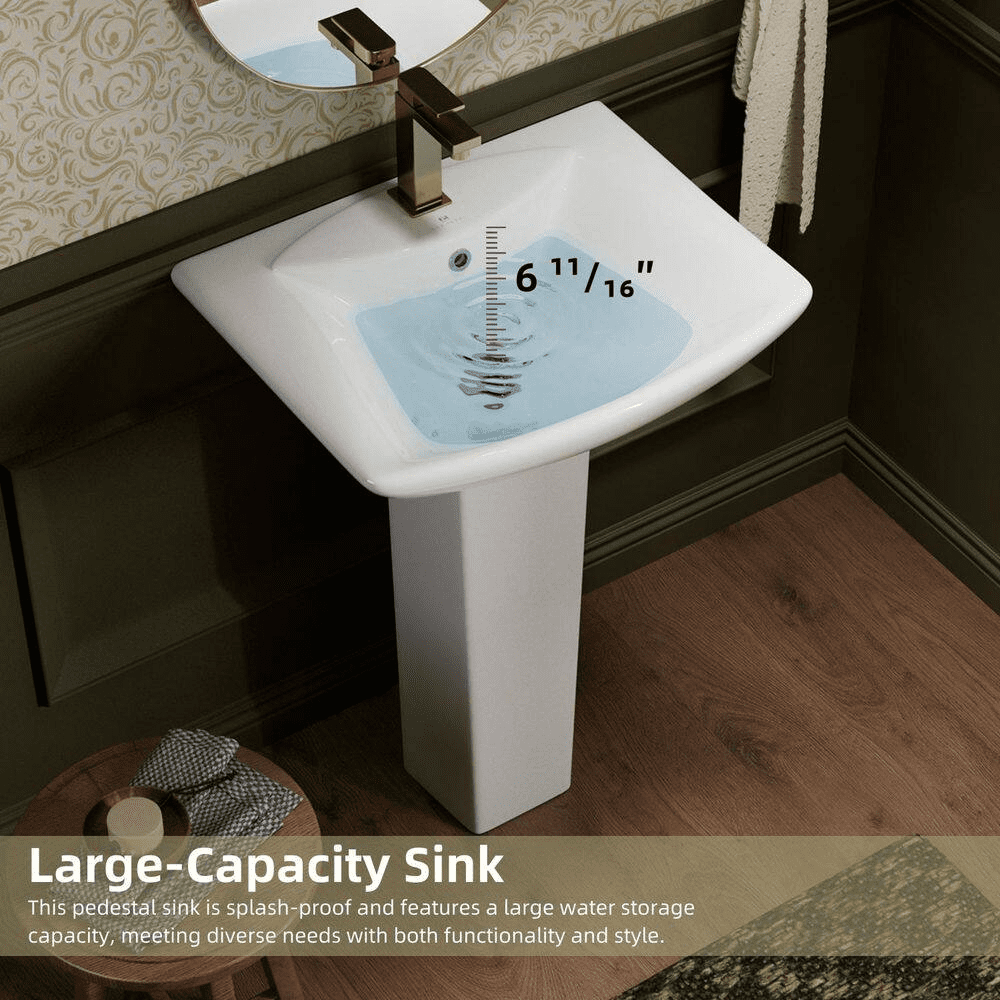 24 W X 19 D In. Pedestal Sink, White Rectangular Ceramic Freestanding Sink with Overflow and 1 Pre-Drilled Faucet Hole - Image 8