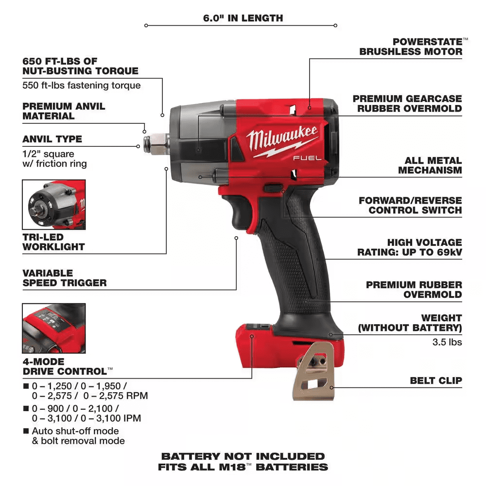 M18 FUEL Gen-2 18V Lithium-Ion Brushless Cordless Mid Torque 1/2 In. Impact Wrench W/Friction Ring (Tool-Only) - Image 4