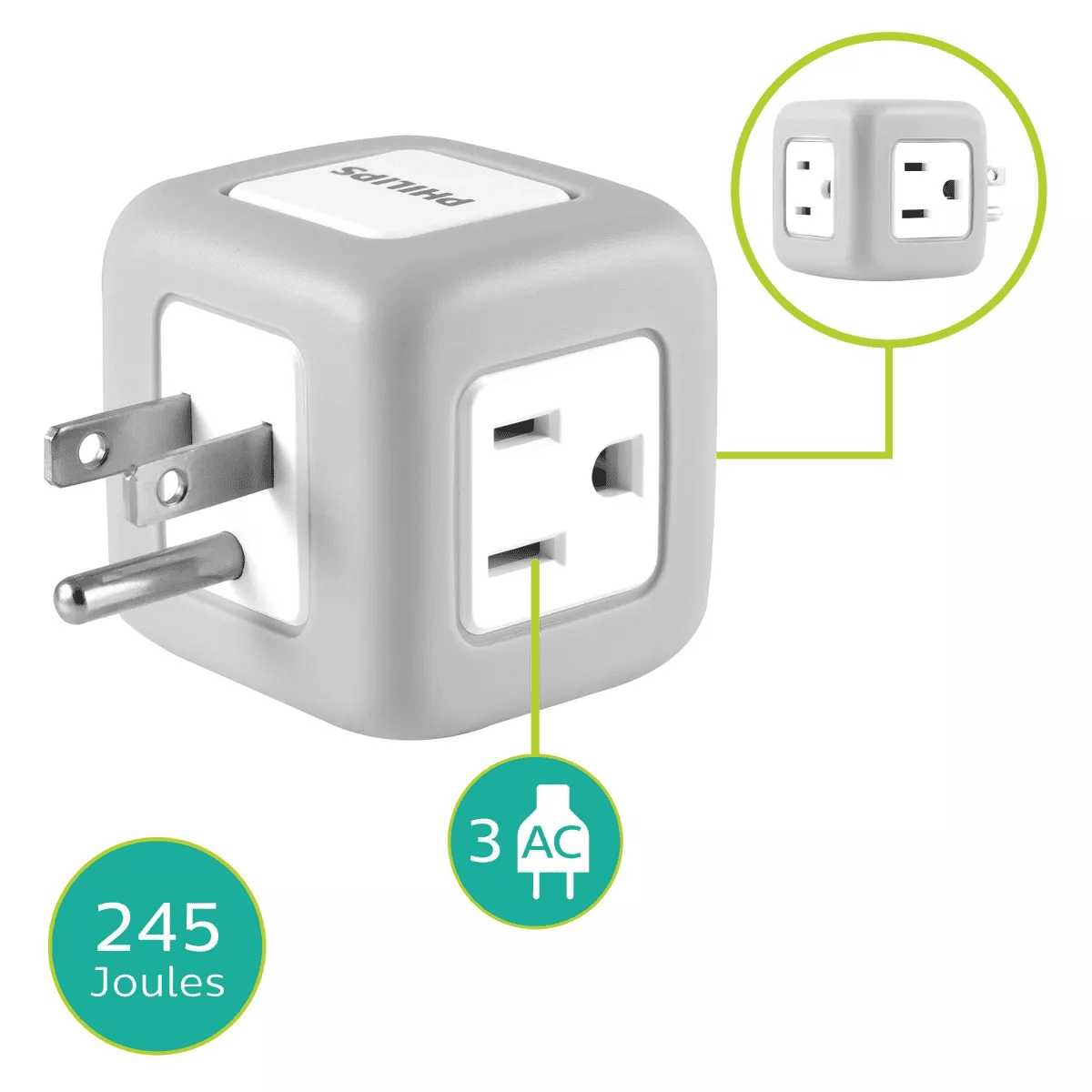 Philips 3-Outlet Grounded Cube Tap with Surge Protection - Gray: Outlet Extender Adapter - Image 2