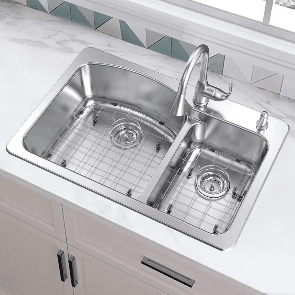 33 In. Drop-In 60/40 Double Bowl 18 Gauge Stainless Steel Kitchen Sink with Pull-Down Faucet - Image 2