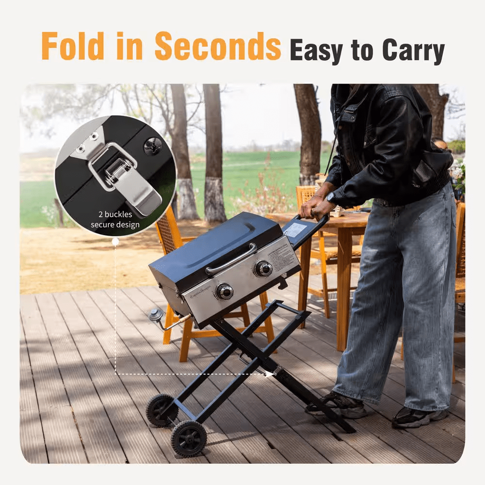 2-Burner Propane Gas Grill Flat Top Griddle with Foldable Cart 2-Type Regulator and Hose in Black - Image 5