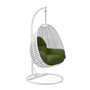 White Wicker Indoor Outdoor Hanging Egg Swing Chair for Bedroom and Patio with Stand and Cushion in Dark Green
