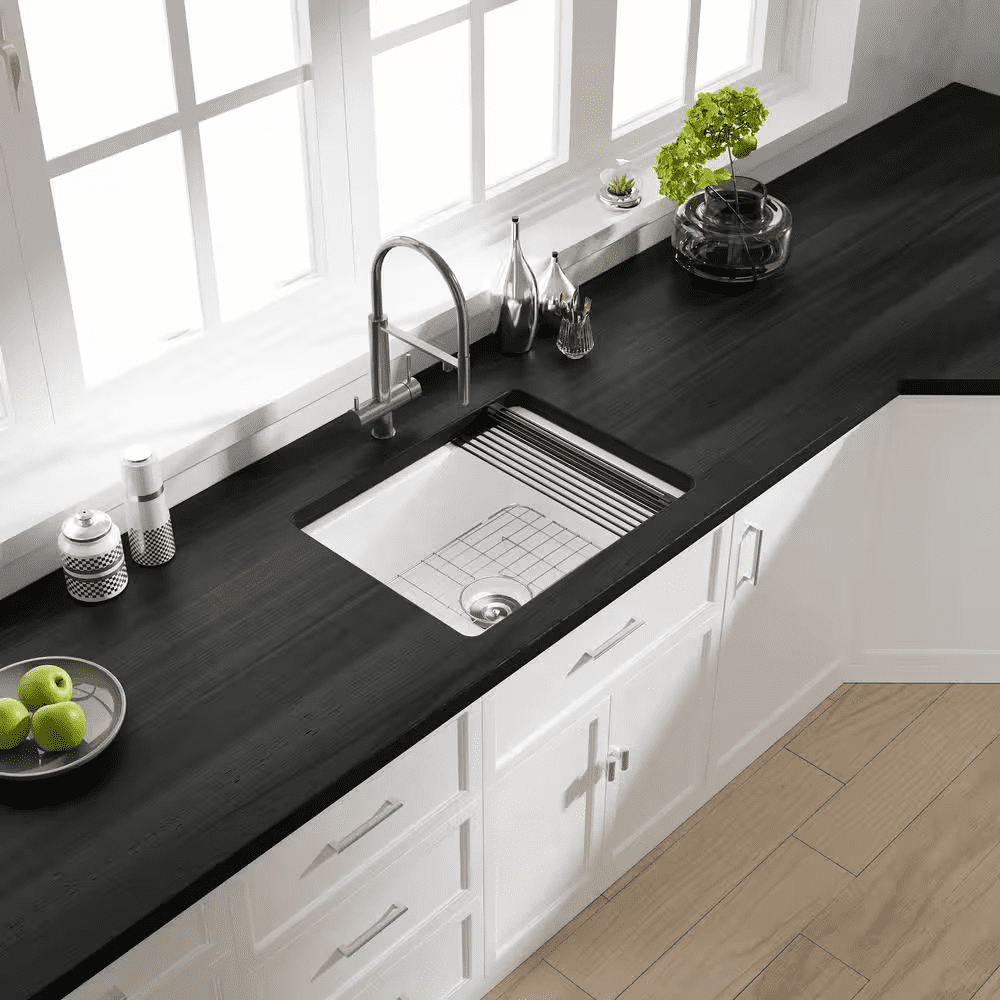 Oslo 24 In. Undermount Single Bowl White Ceramic Kitchen Sink with Bottom Grid and Basket Strainer - Image 2