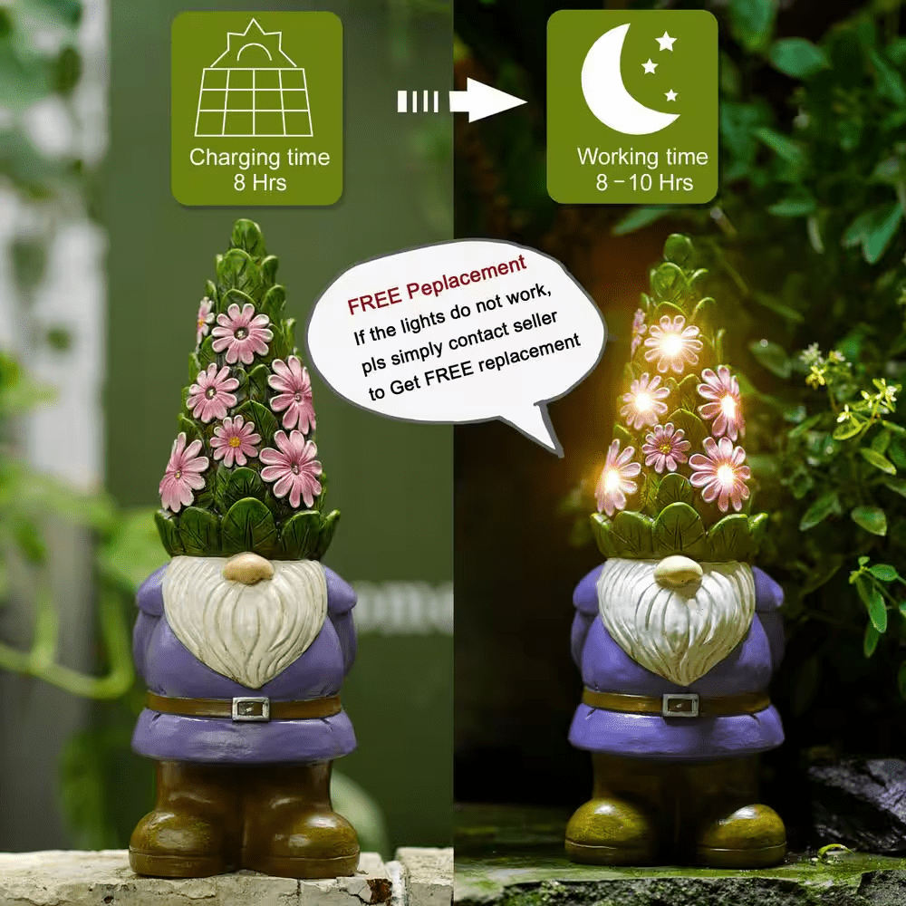Solar Garden Gnome Statue- Standing Gnome with Glowing Flowers and 5 LED Lights, Summer Dwarf Garden Decorations - Image 4