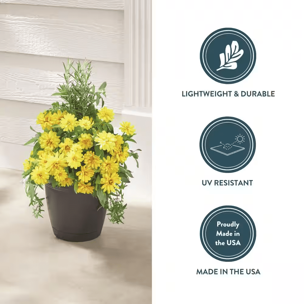 12 In. Mirabelle Medium Black Plastic Planter (12 In. D X 10.5 In. H) with Drainage Hole and Attached Saucer - Image 4