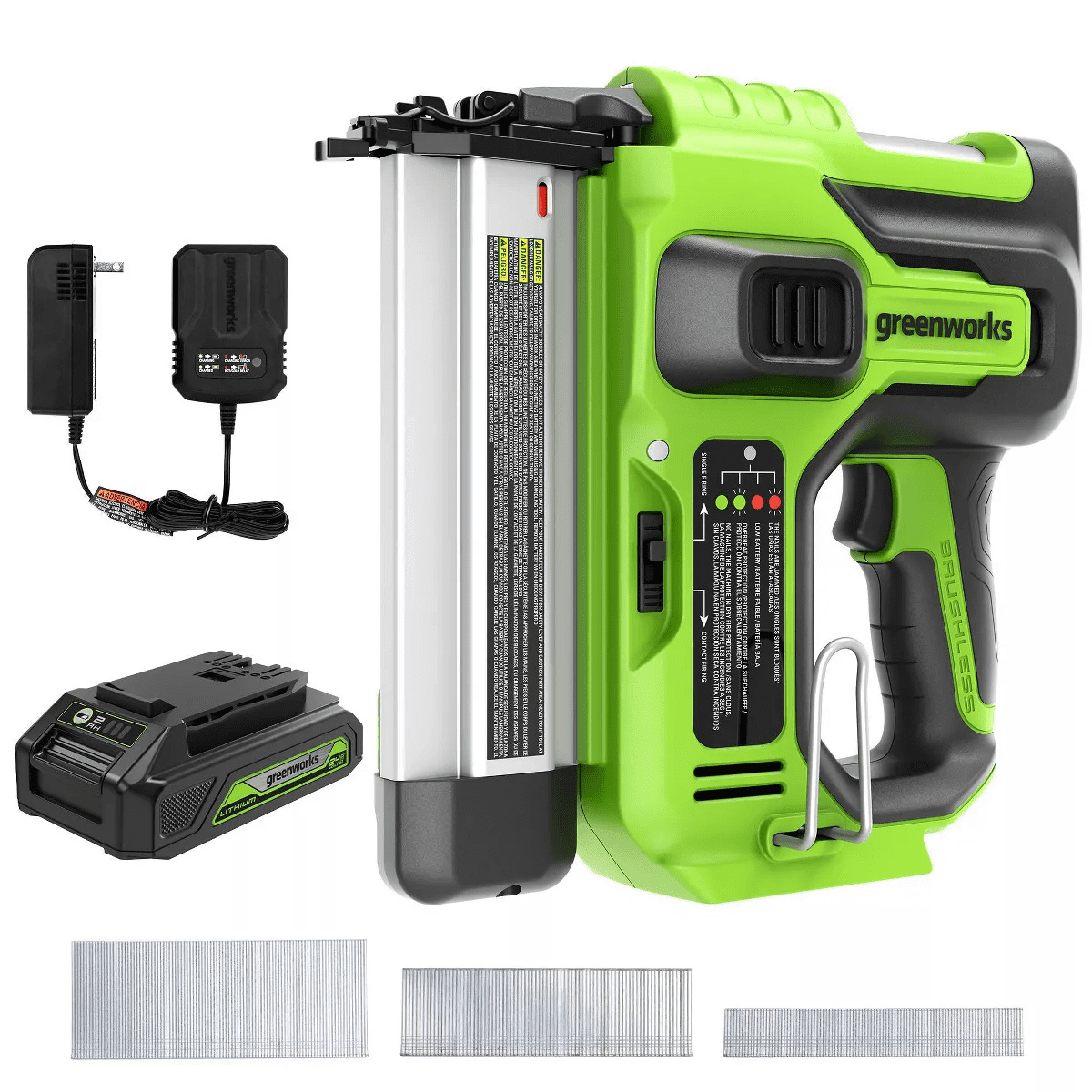 Greenworks POWERALL 24V Cordless 18 GA Brad Nailer Kit with 2.0Ah Battery and Charger