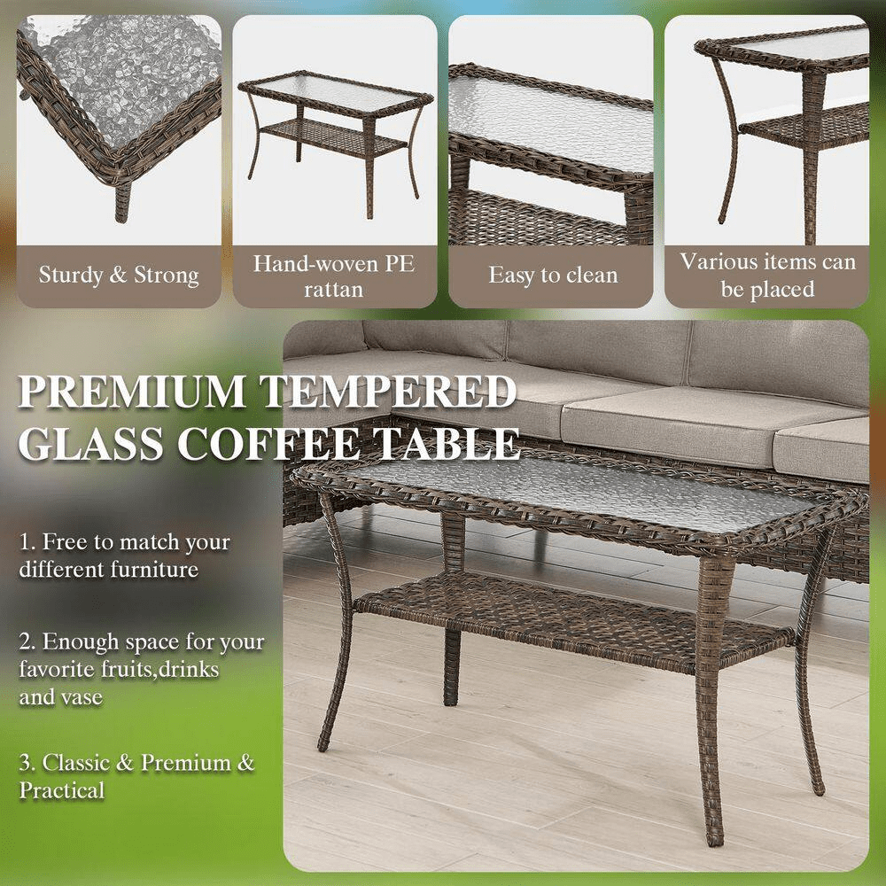 Carlos 8-Piece All-Weather Brown Wicker Patio Conversation Set with Beige Cushions and Coffee Table - Image 2