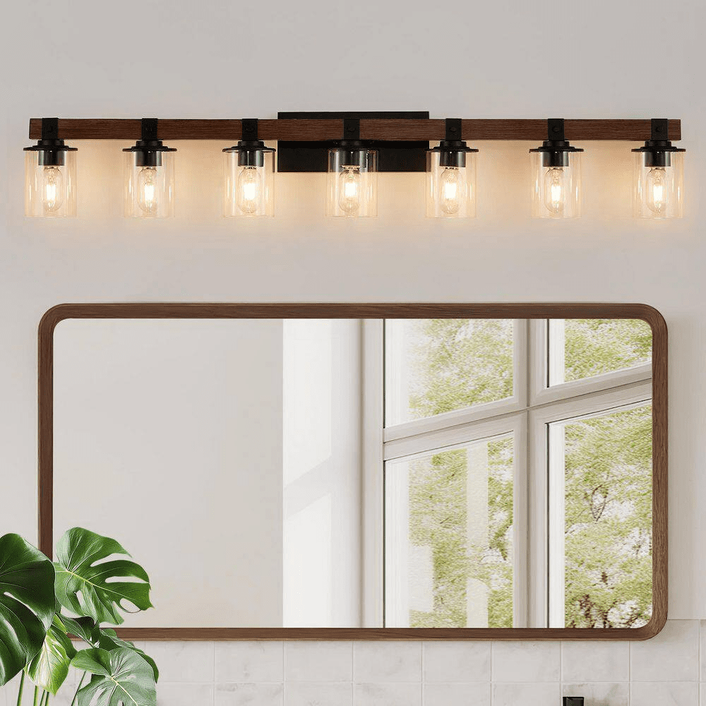 50 In. 7-Light Black and Walnut Industrial Bathroom Vanity Light with Clear Glass Shade - Image 8