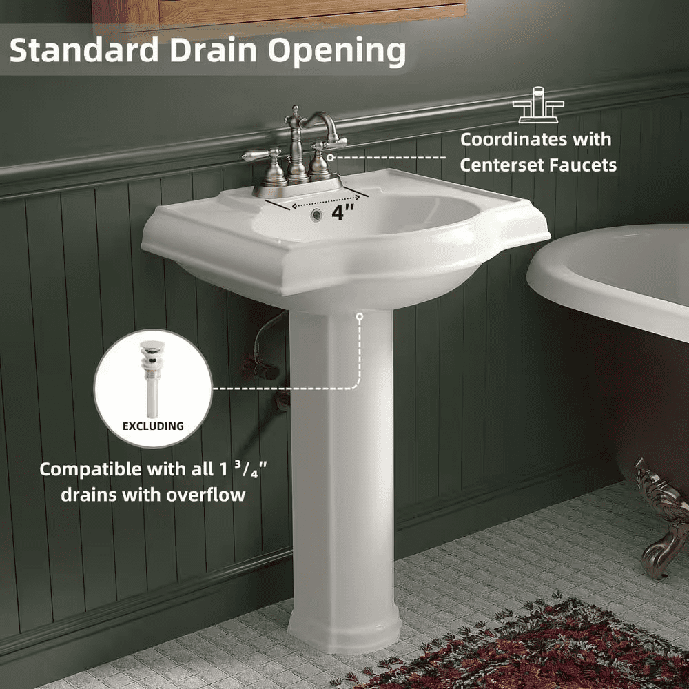 24 In. X 19 In. White Ceramic Rectangular Pedestal Bathroom Sink with Overflow and 3-Faucet Holes - Image 6