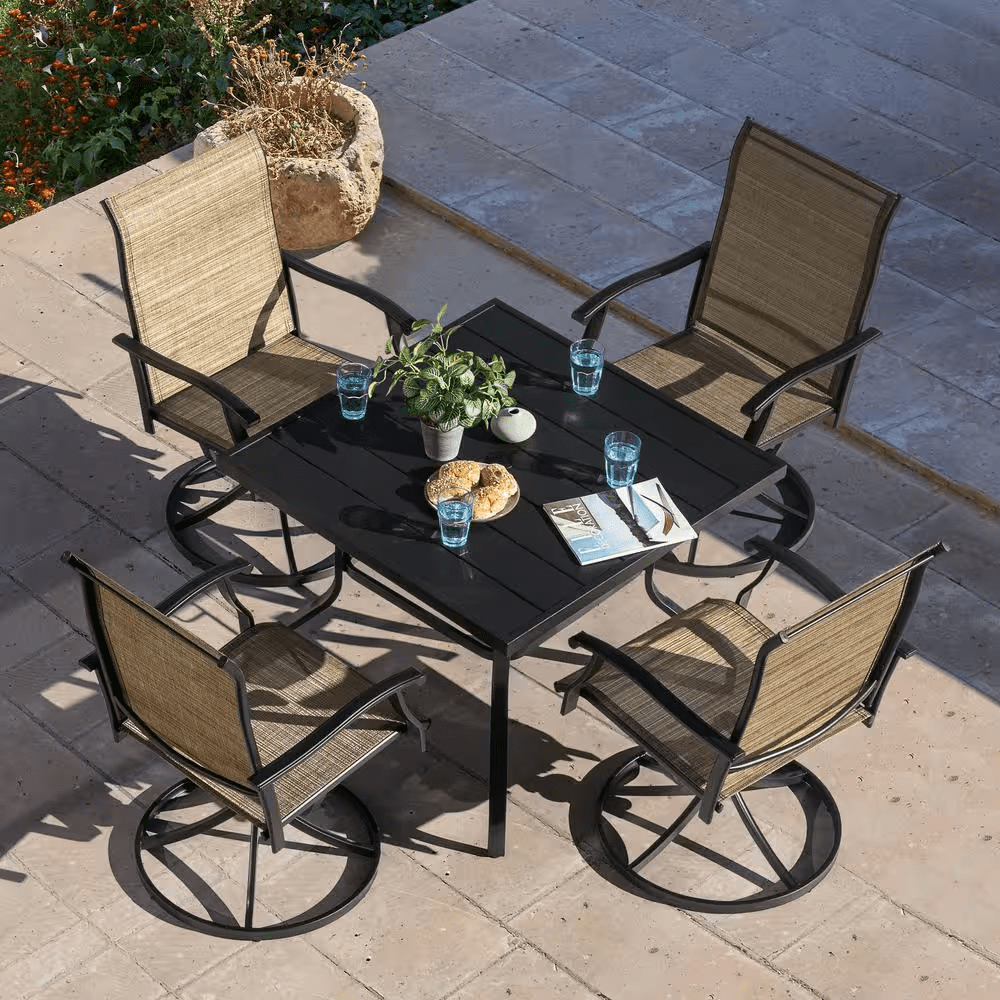 5-Piece Steel Sling Outdoor Patio Dining Set with Square Table and Swivel Dining Chairs in Brown - Image 6