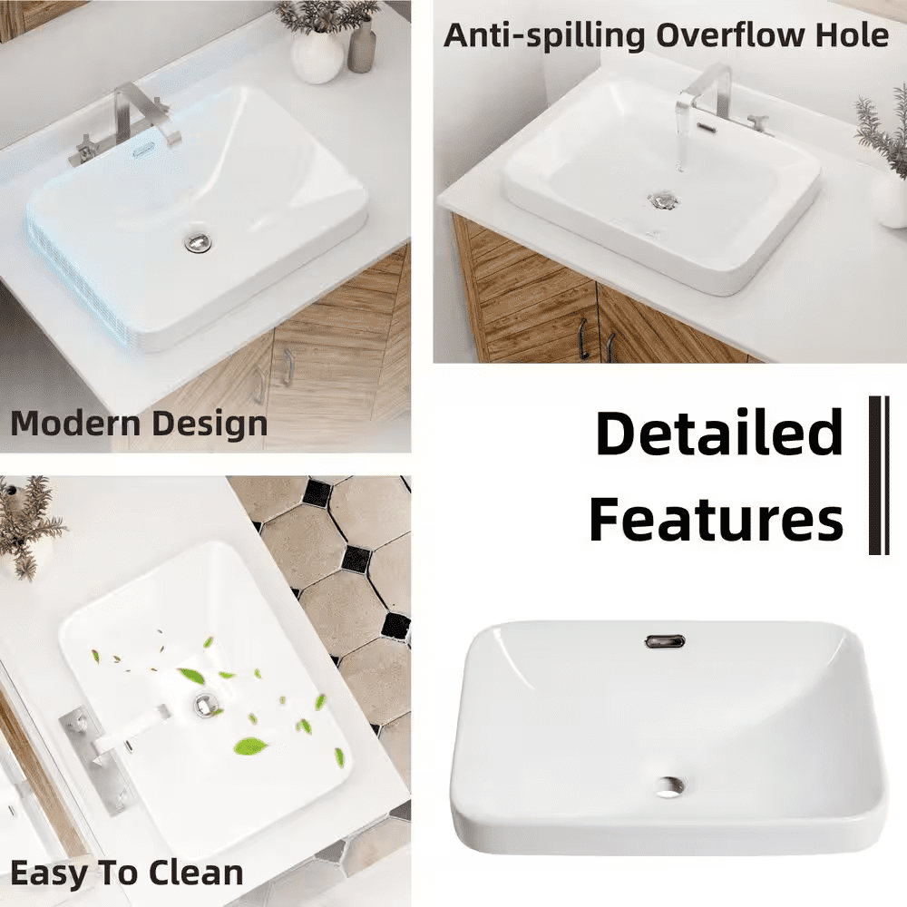 Rectangular Semi Recessed Bathroom Sink 20 In. X 14 In. White Ceramic Vessel Sink with Rear Overflow and Rounded Corners - Image 9