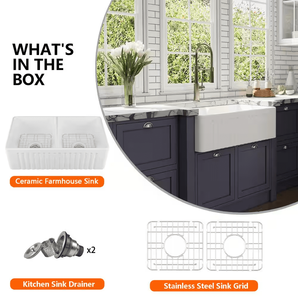 Eclipse White Ceramic 33 In. L 50/50 Rectangular Double Basin Farmhouse Apron Kitchen Sink with Grid and Strainer - Image 2