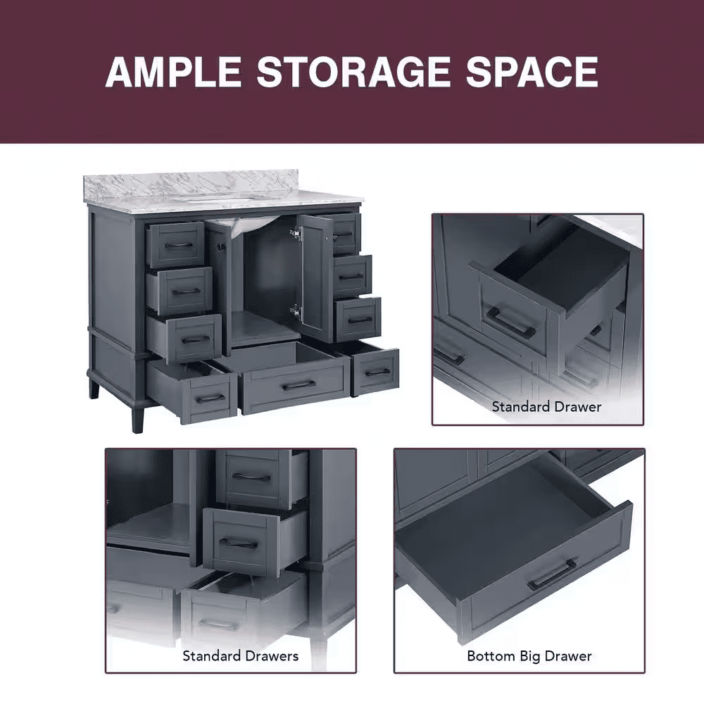 Merryfield 43 In. Single Sink Dark Blue-Grey Bath Vanity with White Carrara Marble Top (Assembled) - Image 9