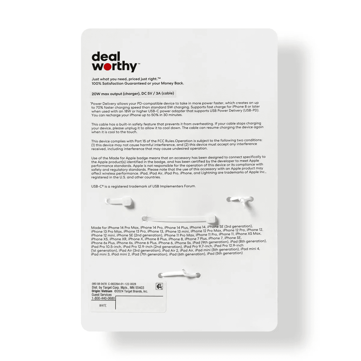 Single Port 20W USB-C Home Charger with 3' Lightning to USB-C Cable - Dealworthy™ White - Image 3