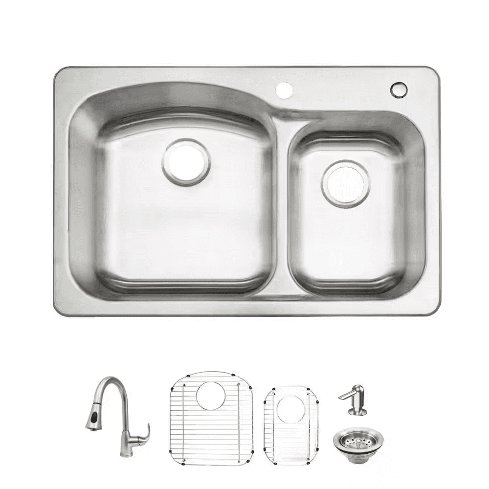 33 In. Drop-In 60/40 Double Bowl 18 Gauge Stainless Steel Kitchen Sink with Pull-Down Faucet