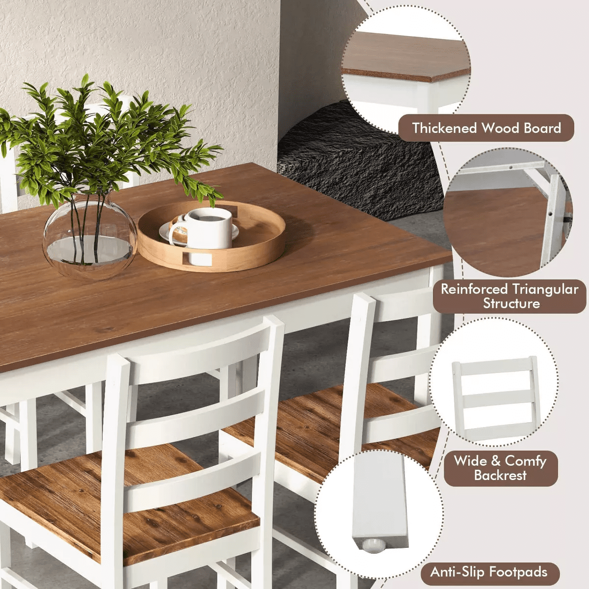 Costway 5-Piece Dining Set Solid Wood Kitchen with Rectangular Table & 4 Chairs Natural/Coffee/Grey - Image 6