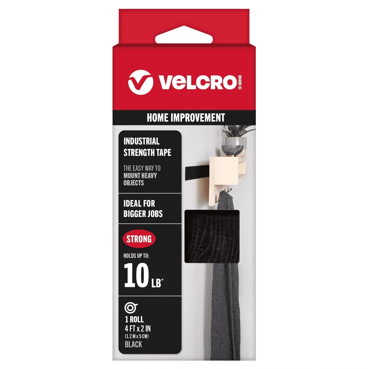 VELCRO 4'X2'' Industrial Strength Tape Indoor and Outdoor Use Superior Holding Power on Smooth Surface Roll Black