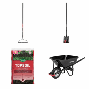 57 In. Bow Rake, 47 In. Transfer Shovel, 0.75 Cu. Ft. Topsoil, and 6 Cu. Ft. Wheelbarrow Combo
