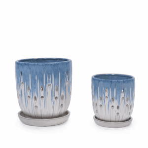 Modern Ceramic Flower Pots-White+Blue Planter with Drainage Hole for Outdoor Use in Garden, Patio, Windowsill (2-Pack)