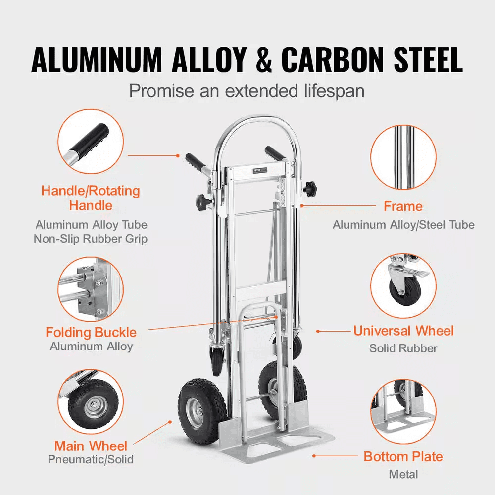 4-In-1 Aluminum Folding 1000 Lbs. Capacity Hand Truck with Rubber Wheels Heavy-Duty Industrial Collapsible Cart - Image 5