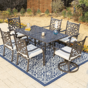 Brown 7-Piece Cast Aluminum Patio Outdoor Dining Set with Rectangle Table and Dining Chairs with Beige Cushion