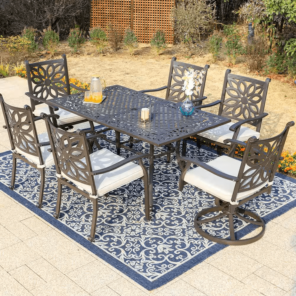 Brown 7-Piece Cast Aluminum Patio Outdoor Dining Set with Rectangle Table and Dining Chairs with Beige Cushion