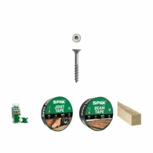 #8 X 1-1/4 In. Deck Screws (2500), Spacer Tool (3), 1 5/8 In., 3 1/3 In. Deck Tape (2) and 4 In. Timber