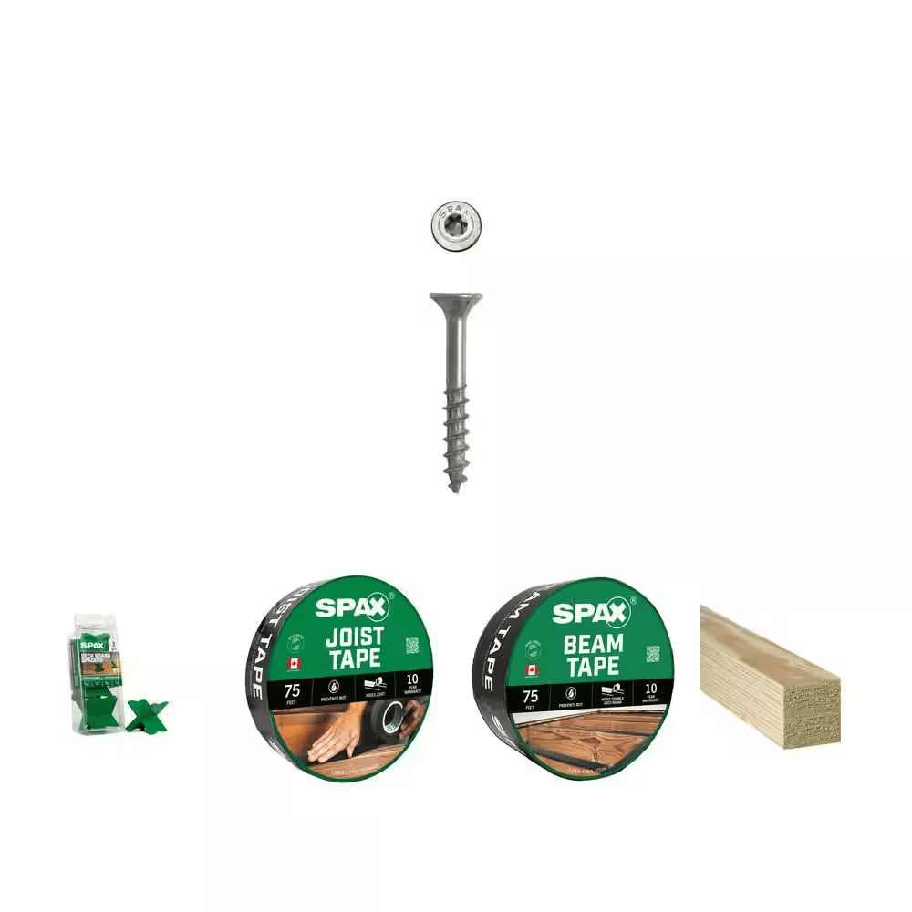 #8 X 1-1/4 In. Deck Screws (2500), Spacer Tool (3), 1 5/8 In., 3 1/3 In. Deck Tape (2) and 4 In. Timber