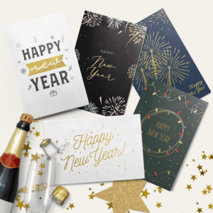 Boxed Happy New Year Cards – 30 Large 5X7 Cards with Gold Foil, 32 Envelopes & Box