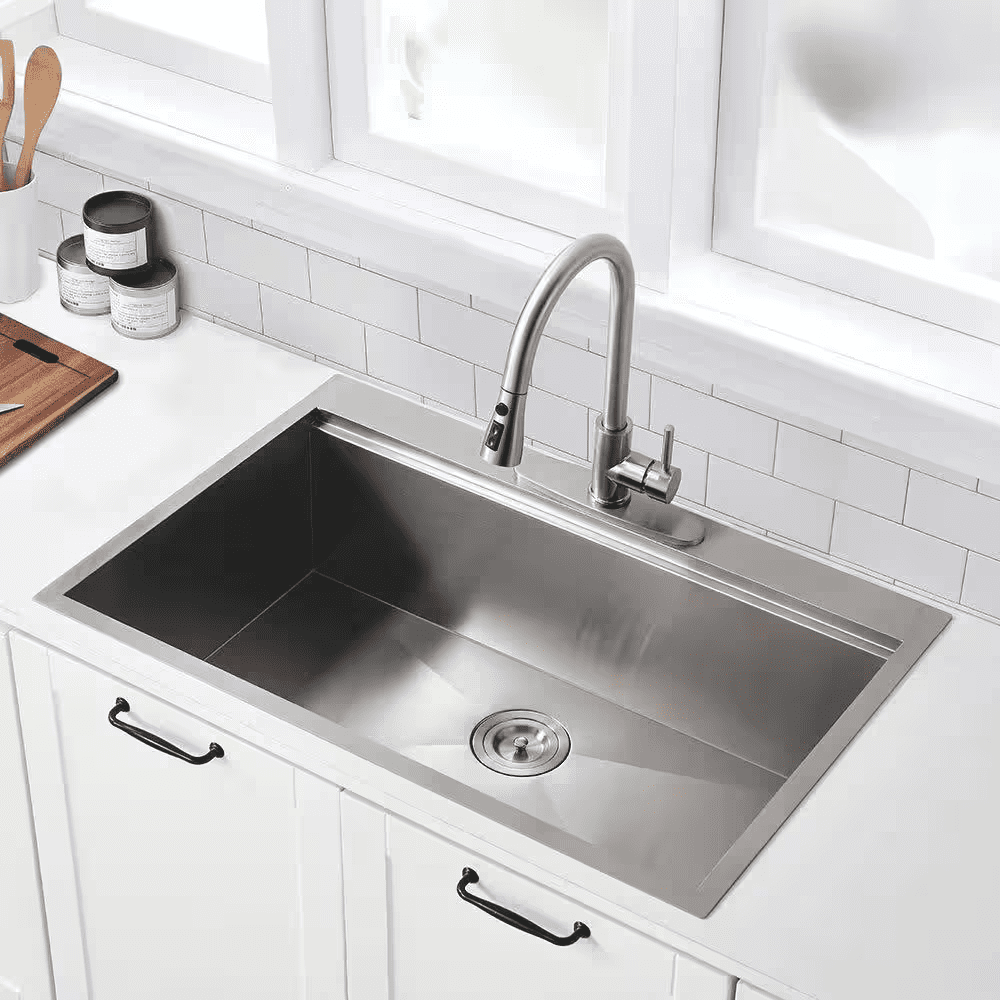 Stainless Steel 33 In. 2-Hole Single Bowl Drop-In Kitchen Sink with Bottom Grid and Basket Strainer - Image 4