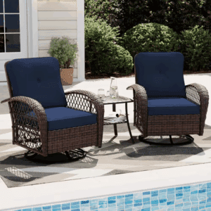 3-Piece Brown Wicker Swivel Patio Outdoor Rocking Chair Set with Side Table and Navyblue Cushions