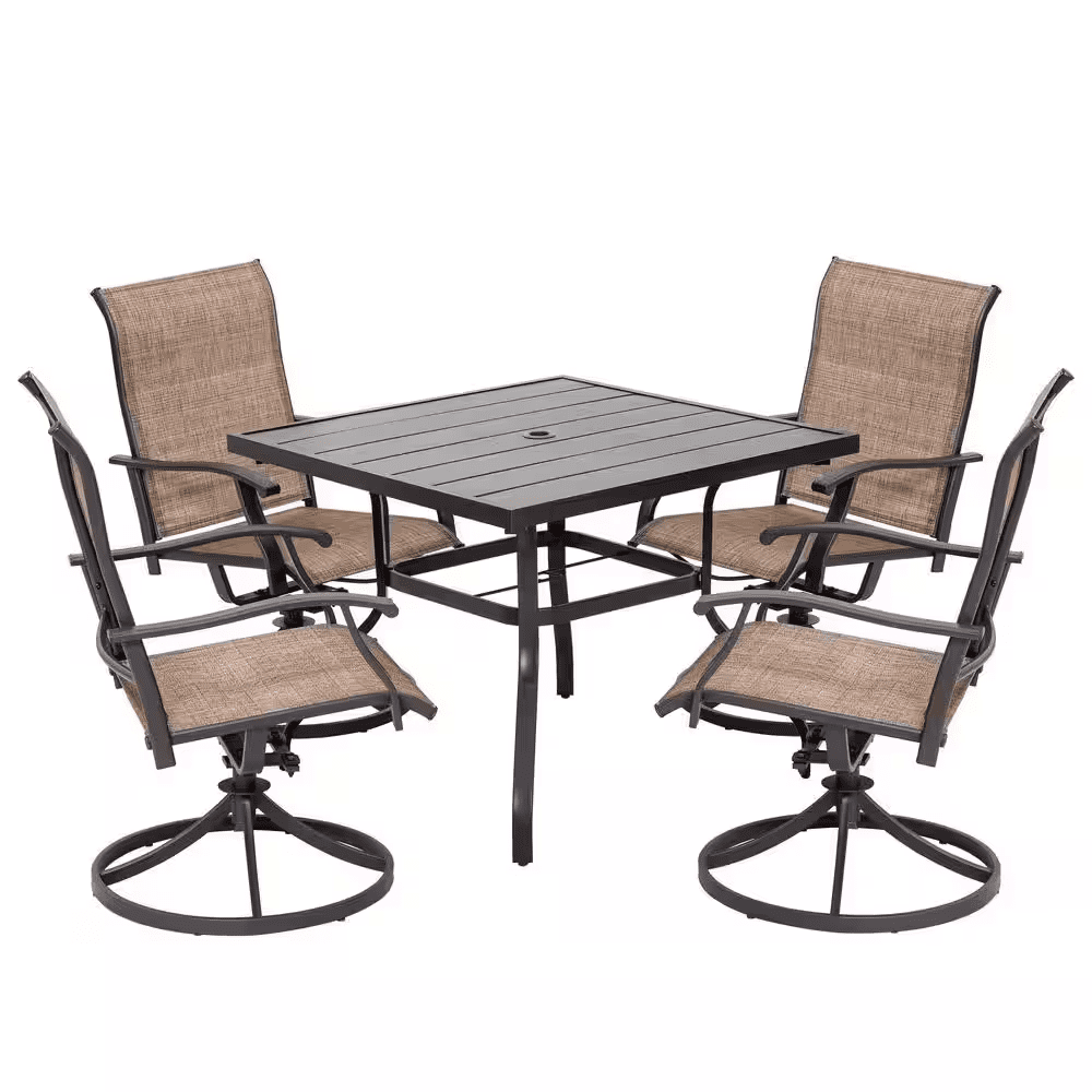 5-Piece Steel Sling Outdoor Patio Dining Set with Square Table and Swivel Dining Chairs in Brown - Image 2