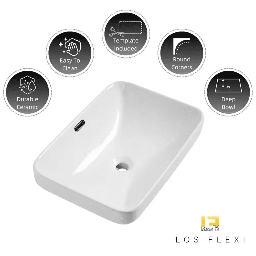 Rectangular Semi Recessed Bathroom Sink 20 In. X 14 In. White Ceramic Vessel Sink with Rear Overflow and Rounded Corners - Image 8