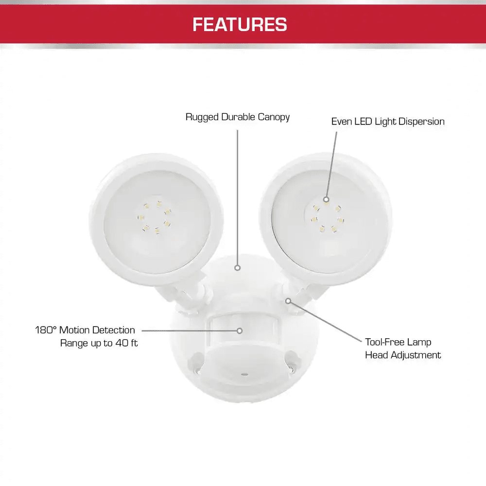 180° White Motion Sensing Security Light Wired Outdoor 2-Head LED Flood Light 1000 Lumens - Image 3