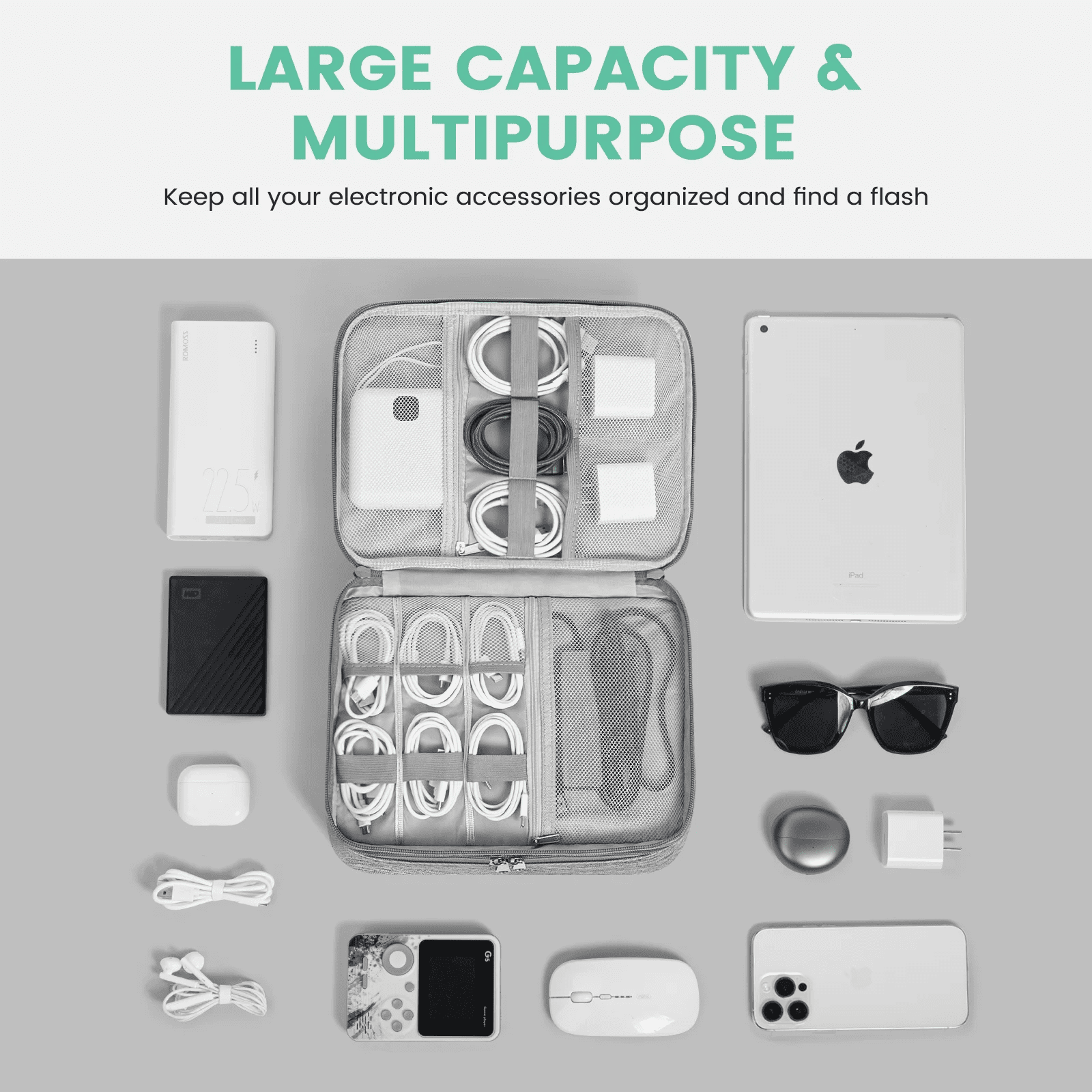 Cable Organizer Bag, Small Electronics Organizer Bag, Travel Storage Case with Handle for Phone Cord Electronics Accessories, Carrying Tech Bag, Powerbank, Hard Drive, Cables Adapter, Makeup Brush - Image 2