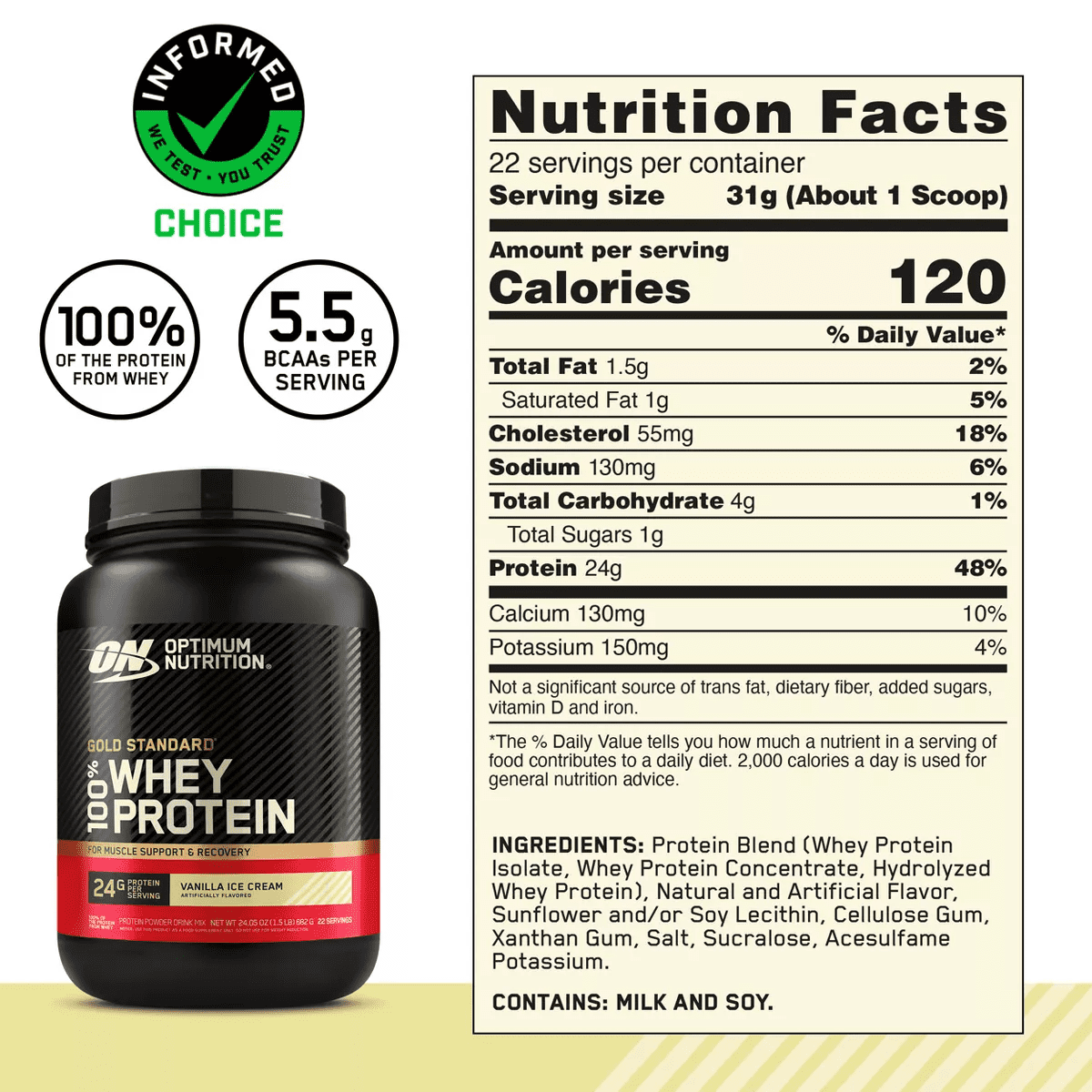 Optimum Nutrition Gold Standard 100% Whey Protein Powder - Vanilla Ice Cream - 22 Servings - 24Oz - Image 7