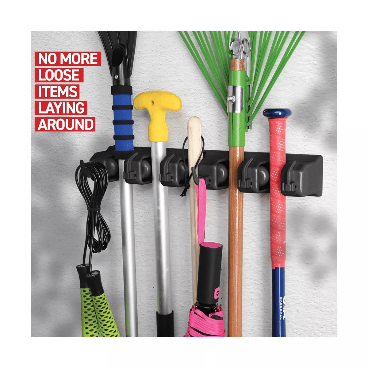 1-2 Pack Broom and Mop Holder Rack - Garage Storage System - Garden Tool Organizer with 5 Slots, 6 Hooks, 7.5Lbs Capacity per Slot off - Homeitusa - Image 4