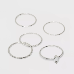 Clear Stone and Four Thin Ring Set 5Pc - a New Day™ Silver 8: Stacking , Glass Brass Zinc Material