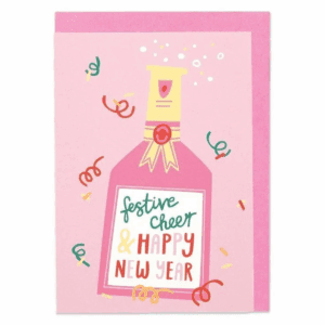 New Year Greeting Card – Festive Cheer & Happy New Year Design – Colorful Champagne Bottle – Blank inside with Envelope – Perfect for Celebrating 2024