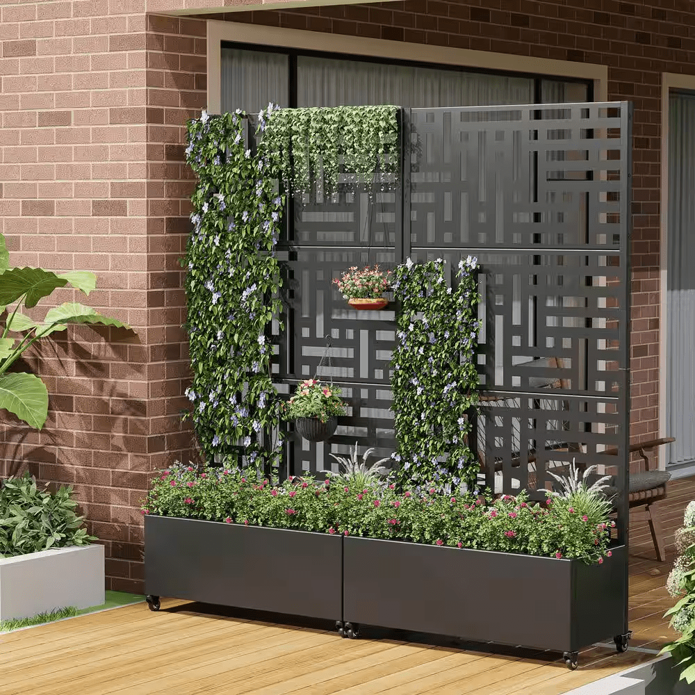 72 In. X 35 In. Black Outdoor Metal Privacy Screen Raised Planter Box Wall Decor - Image 6