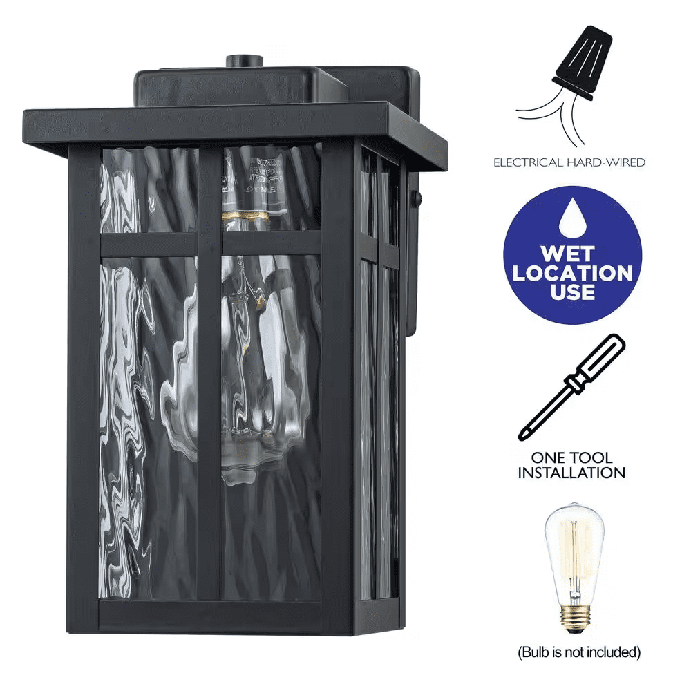 Matte Black Outdoor Hardwired Wall Lantern Sconces with Water Glass, No Bulbs Included (2-Pack) - Image 8