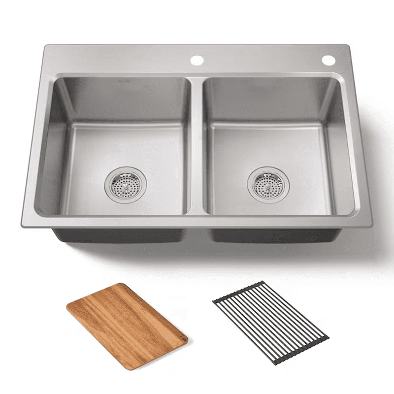 Prologue Drop-In or Undermount 33-In X 22-In Stainless Steel Double Equal Bowl 18 -Gauge Workstation Kitchen Sink with Drainboard - Image 3