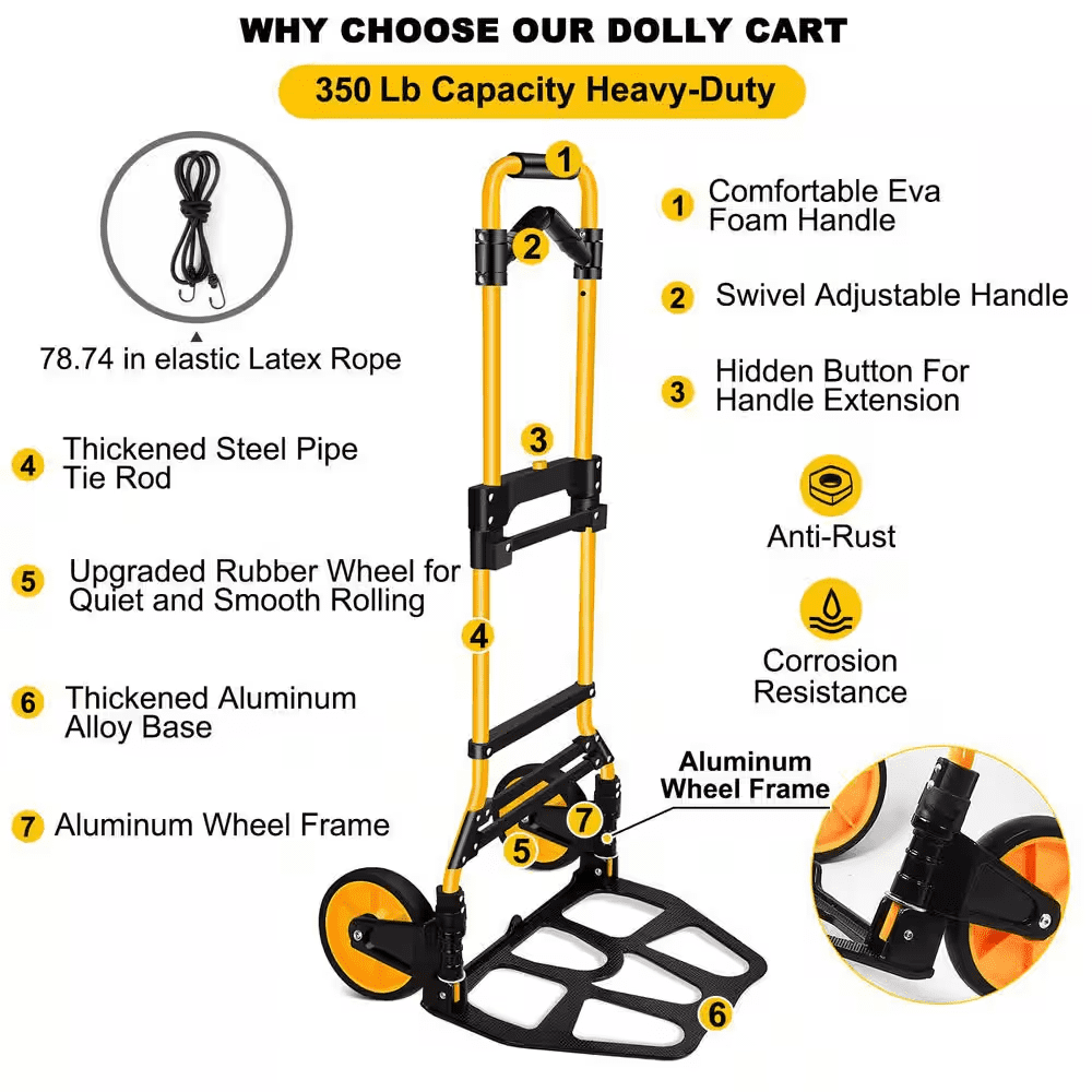 350 Lb. Capacity Folding Hand Truck Dolly, Telescoping Handle and Rubber Wheels for Moving, Shopping, Travel, Office Use - Image 2