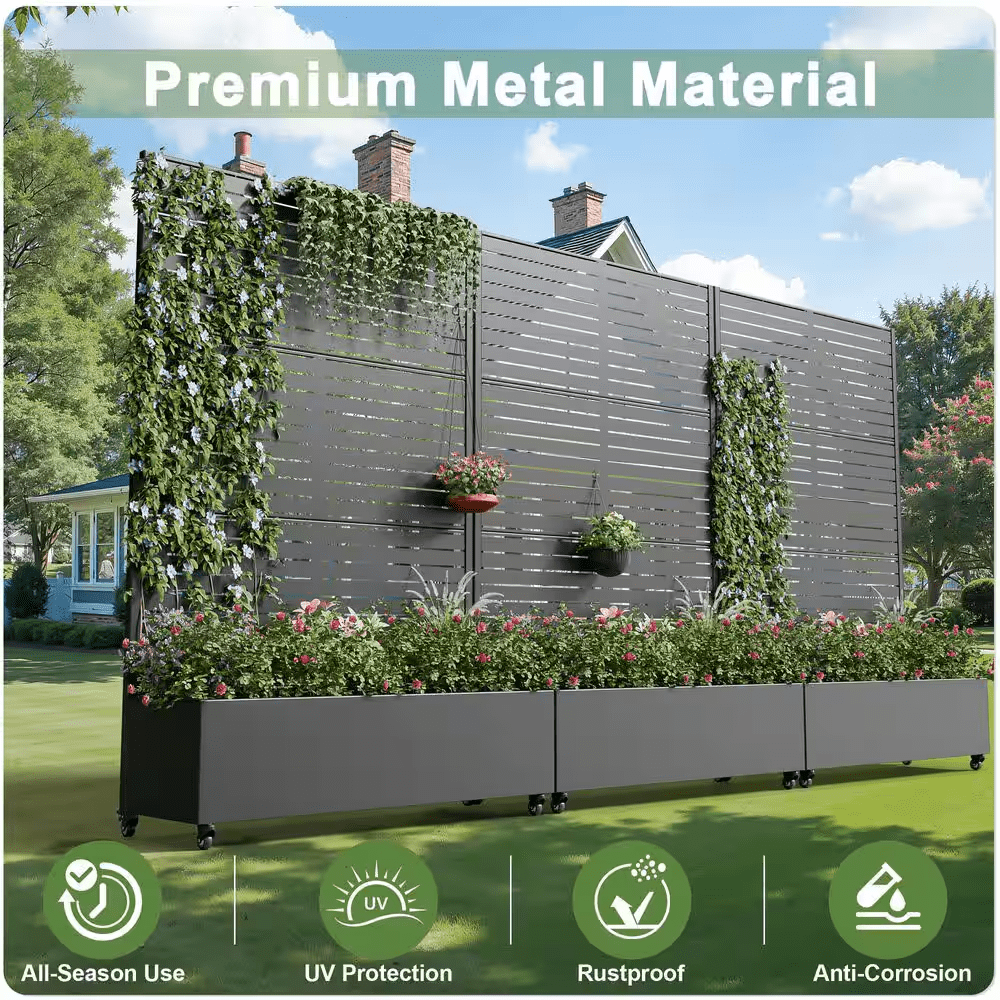 72 In. H X 47 In. W Rectanglar Black Outdoor Metal Privacy Screen Planter Box Wall Decor in Louvered Pattern - Image 5