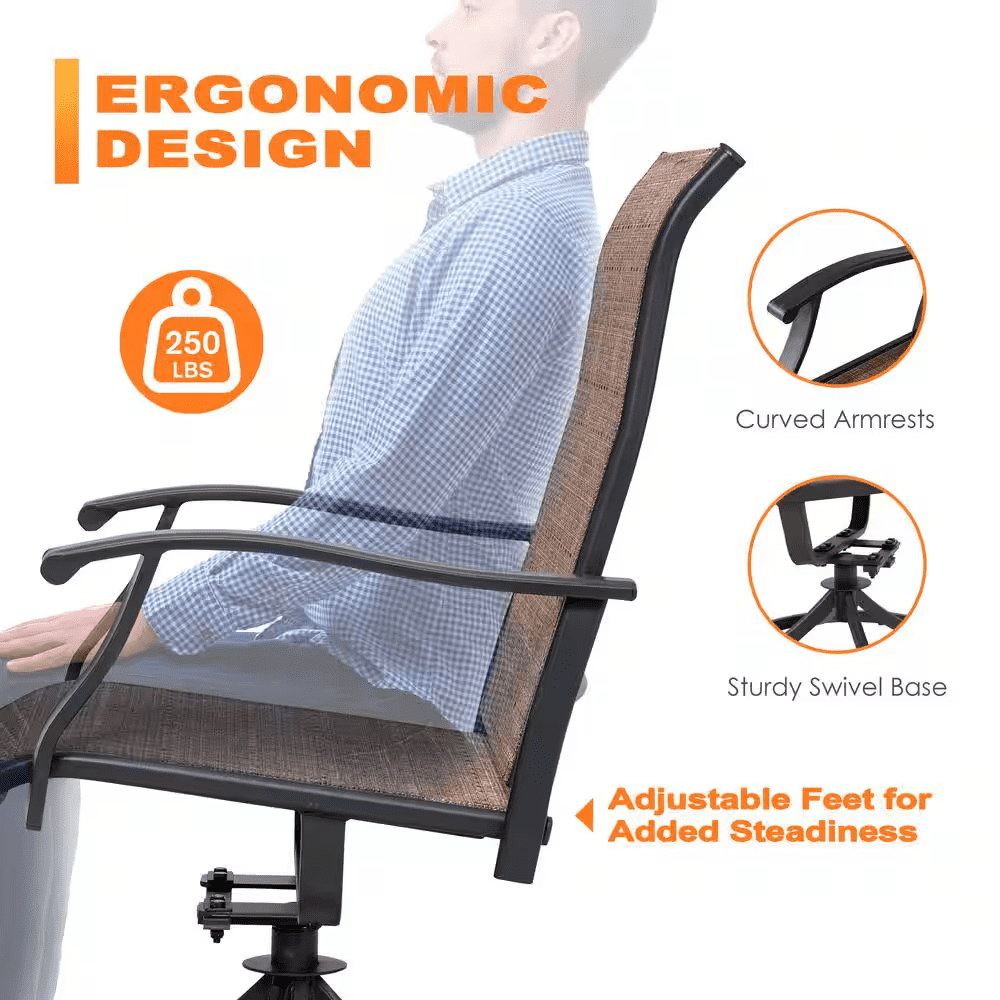 2-Piece Swivel Steel Sling Outdoor Patio Dining Chairs, Brown - Image 7