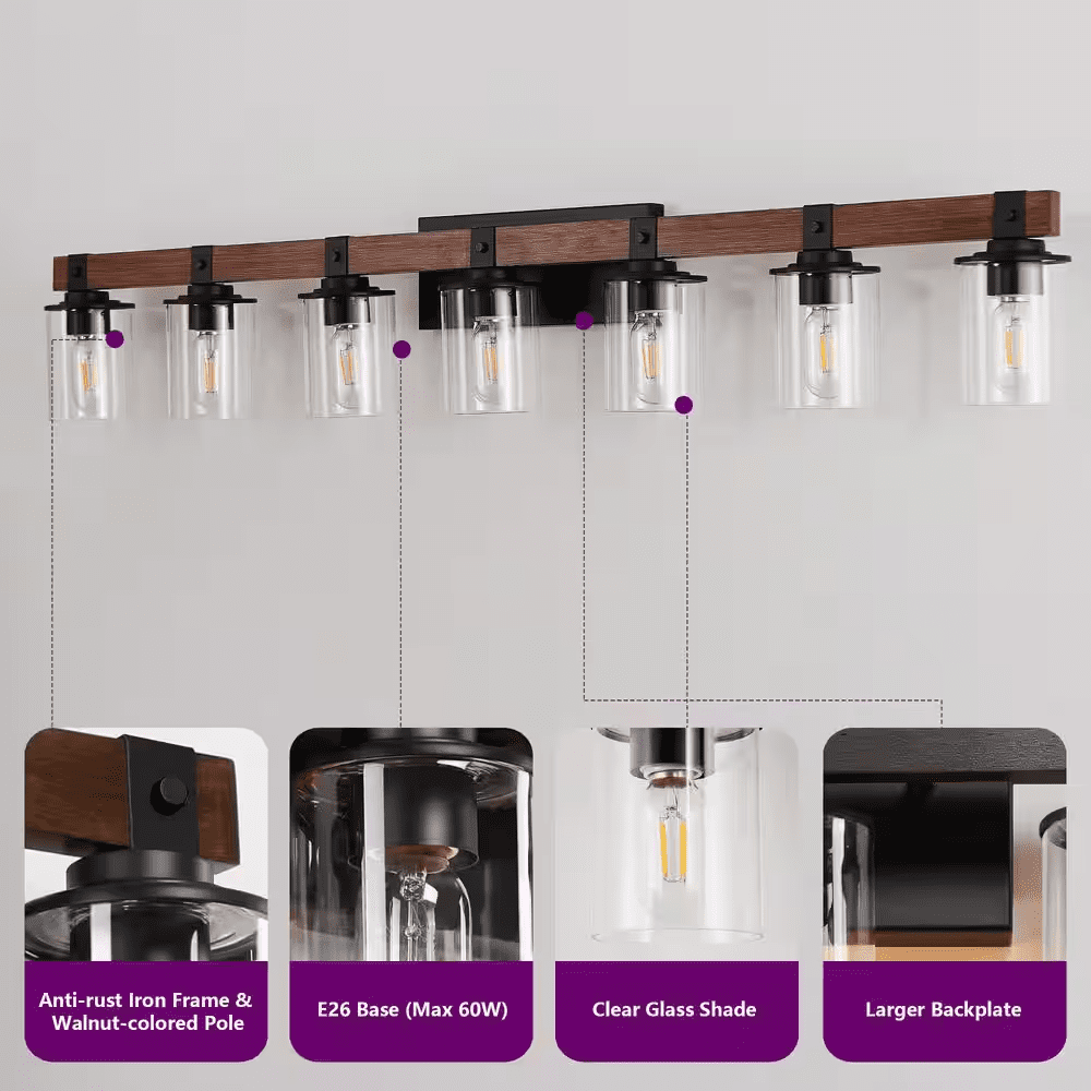 50 In. 7-Light Black and Walnut Industrial Bathroom Vanity Light with Clear Glass Shade - Image 4