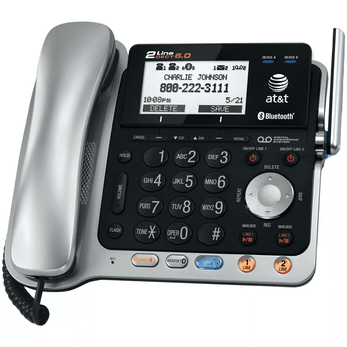 AT&T® 2-Line 2-Handset DECT 6.0 Expandable Cordless Phone System for Landline, Answering System, Bluetooth® Connect to Cell, and Caller ID in Black - Image 4