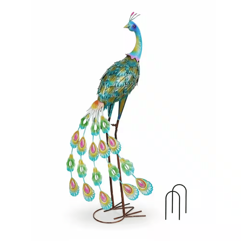 34" Large Metal Standing Peacock Statue - Garden/Patio/Backyard Decor