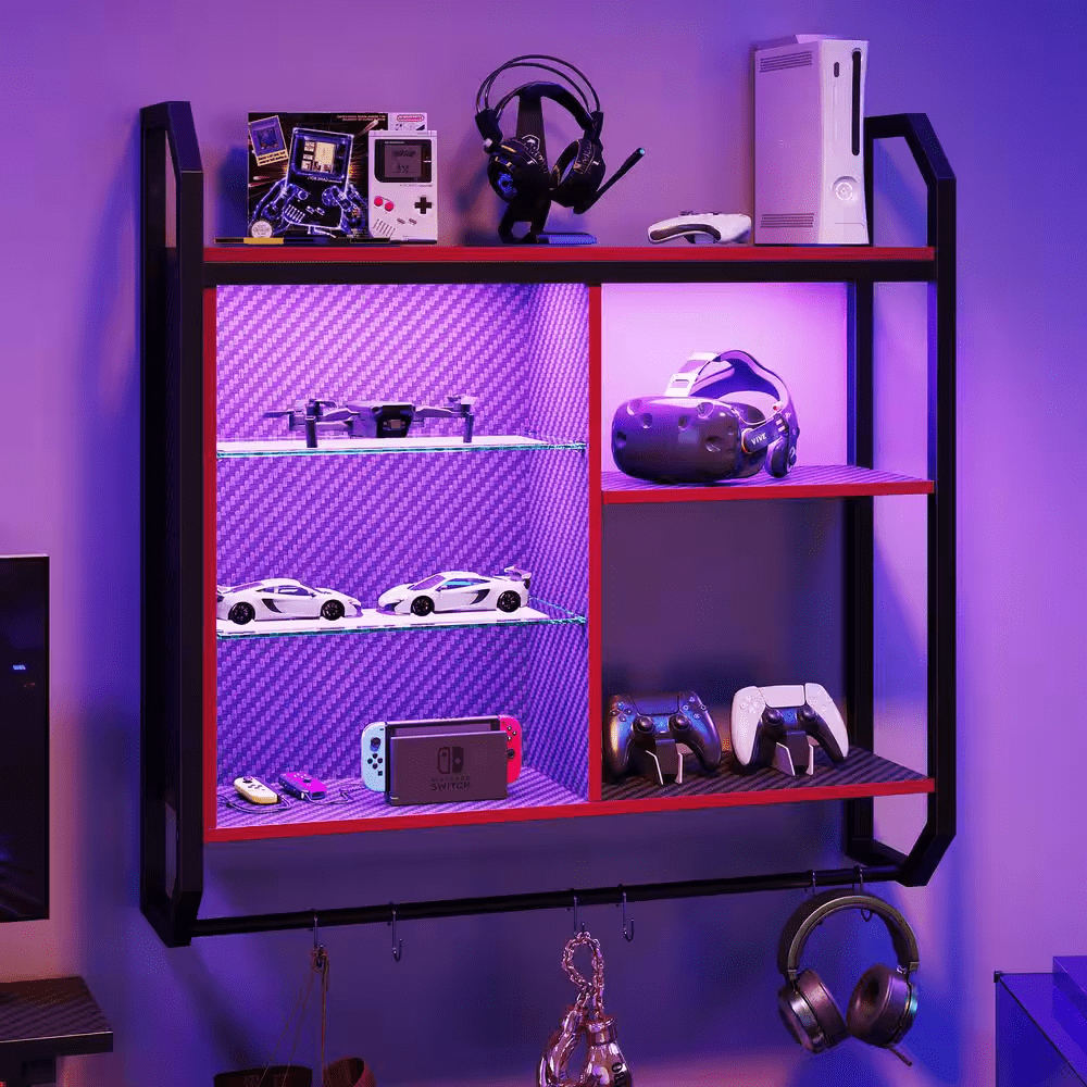 33.07 In. W X 7.8 In. D Black Carbon Fiber Composite Decorative Wall Shelf with LED Lights and Towel Rack