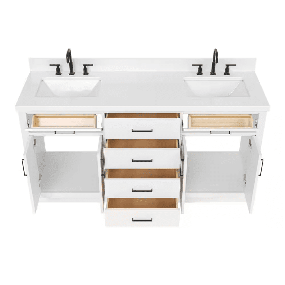 Hepburn 66 In. Double Sink Freestanding Bathroom Vanity in White with Carrara White Quartz Top - Image 10